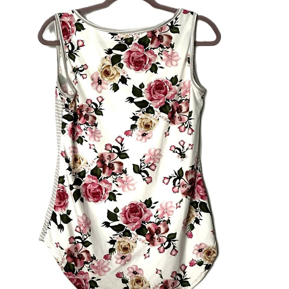 White and Gray Striped Floral Tank Top In Size Medium - Picture 2 of 4